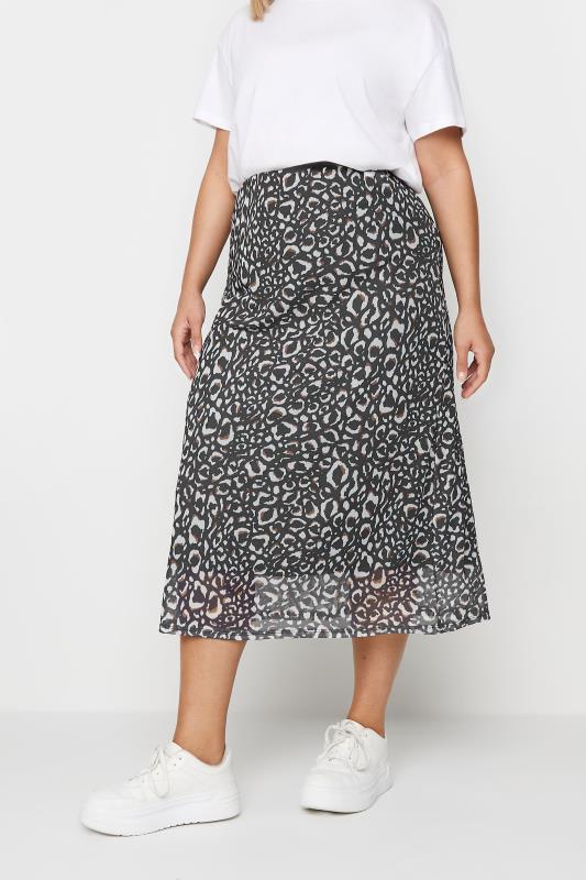 Plus Size  YOURS Curve Grey Leopard Print Mesh Maxi Skirt
