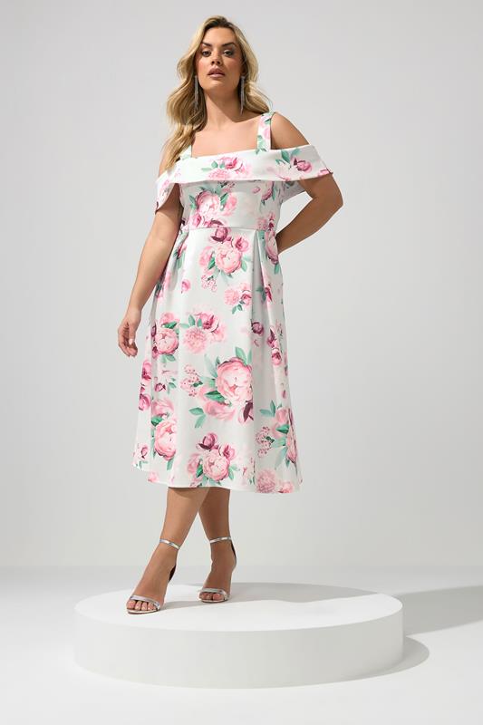 YOURS LONDON Plus Size Sage Green Cold Shoulder Floral Skater Dress | Yours Clothing 1