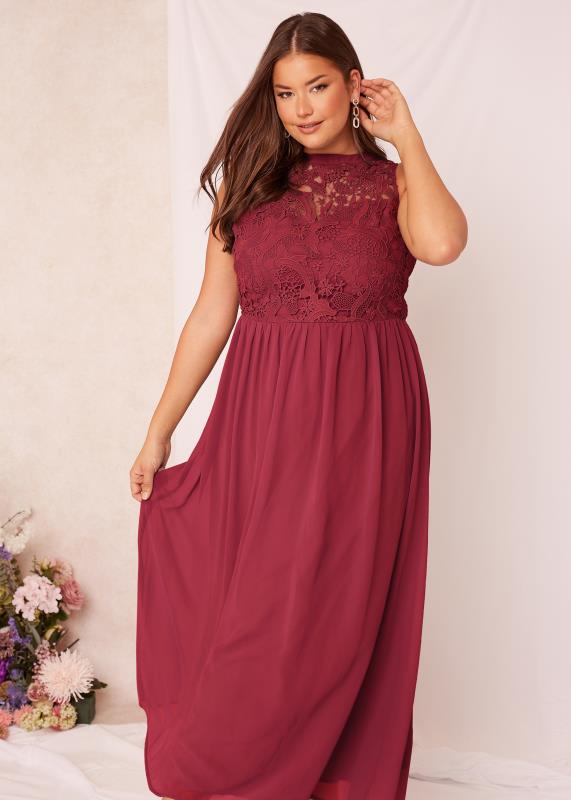 Plus Size YOURS LONDON Curve Burgundy Red Lace Front Chiffon Maxi Dress | Yours Clothing  5