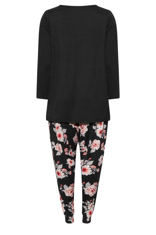 Curve Plus Size Black & Pink Floral Soft Touch Pyjama Set | Yours Clothing 7