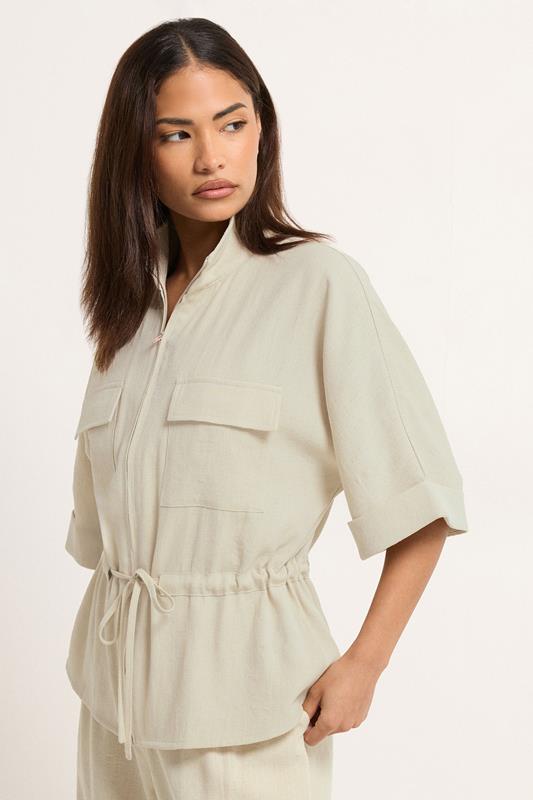 PixieGirl Petite Women's Natural Brown Funnel Neck Shacket | PixieGirl 1