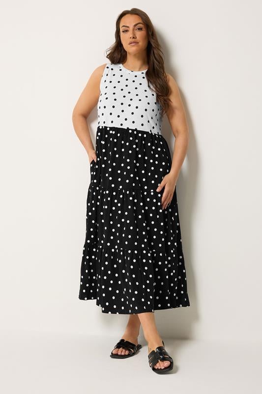 YOURS Plus Size Black & White Polka Dot Midi Dress | Yours Clothing 1