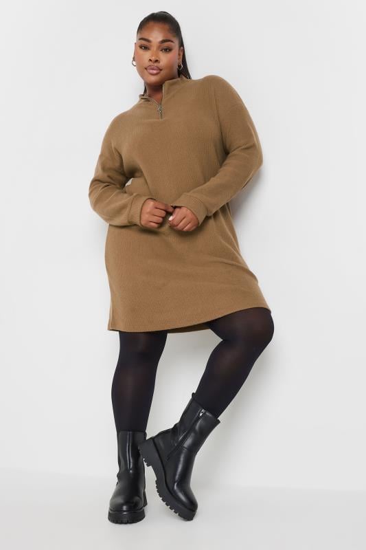 YOURS Plus Size Natural Brown Soft Touch Zip Neck Jumper Dress | Yours Clothing 1