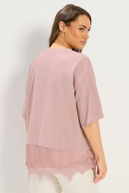 YOURS Plus Size Pink Satin Lace Trim T-Shirt | Yours Clothing 2