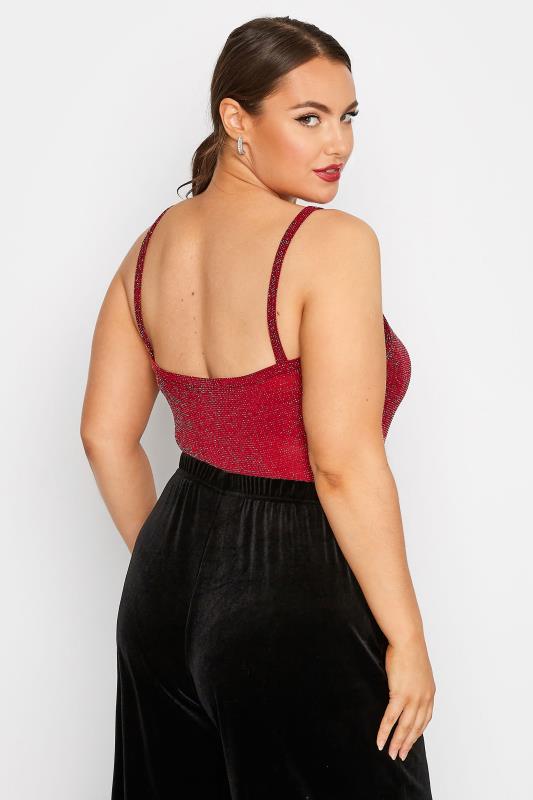 LIMITED COLLECTION Curve Burgundy Red Glitter Ruched Bodysuit | Yours Clothing 3