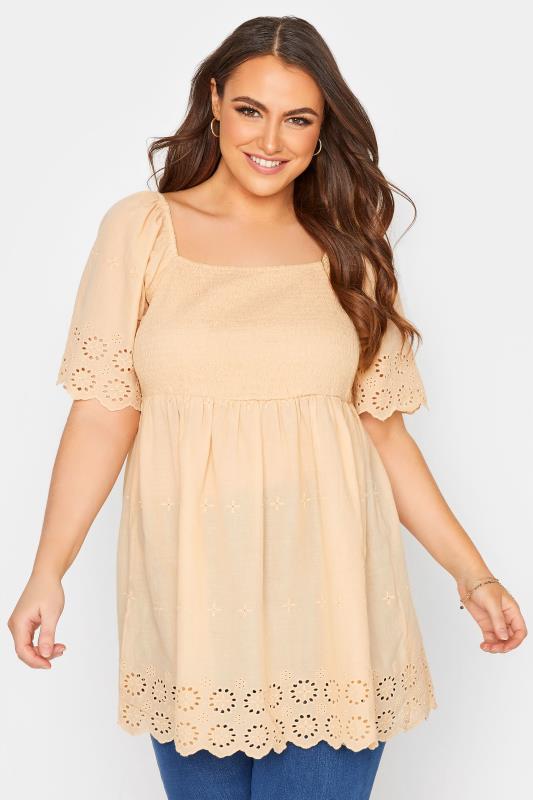 Plus Size  Curve Beige Brown Embroidered Square Neck Smock Top