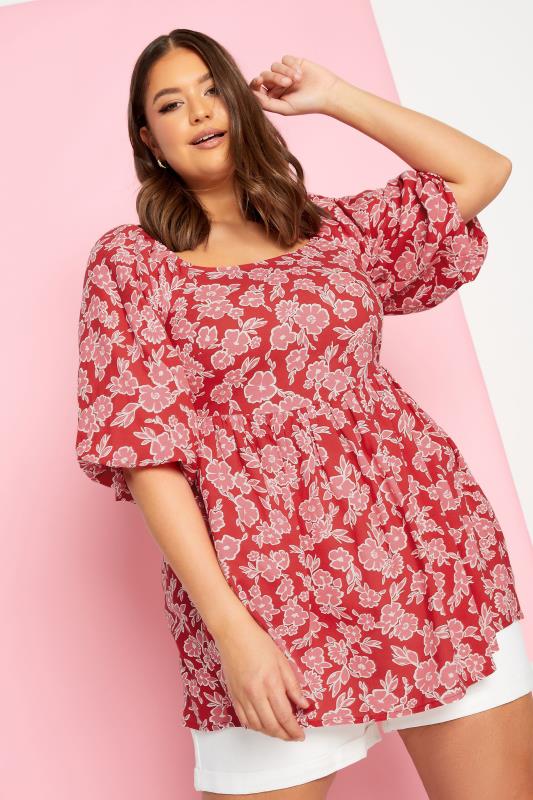 Yours Curve Plus Size Red Floral Peplum Top | Yours Clothing