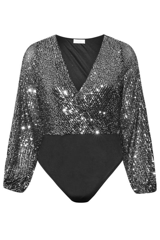 YOURS LONDON Plus Size Silver Sequin Embellished Wrap Bodysuit | Yours Clothing 6