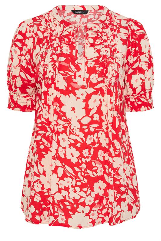 EVANS Plus Size Red Floral Pintuck Tie Neck Blouse | Evans 6