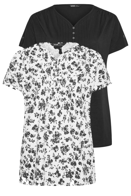 YOURS Plus Size 2 PACK Black & White Floral Pintuck Henley T-Shirts | Yours Clothing 7