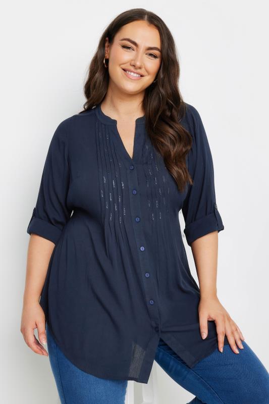 Plus Size  YOURS Curve Navy Blue Pintuck Embellished Shirt