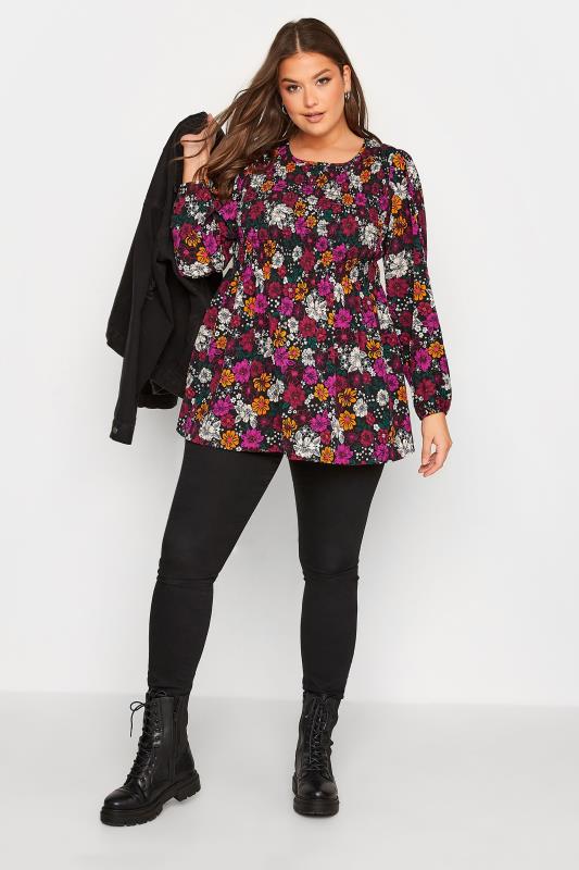 Plus Size Black Floral Print Shirred Top | Yours Clothing 3