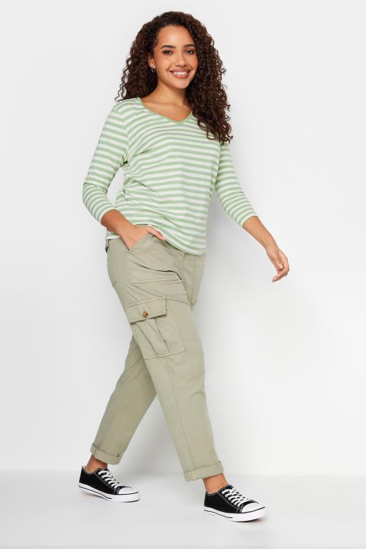 M&Co Green & Ivory Stripe V-Neck Cotton Long Sleeve T-Shirt | M&Co 2