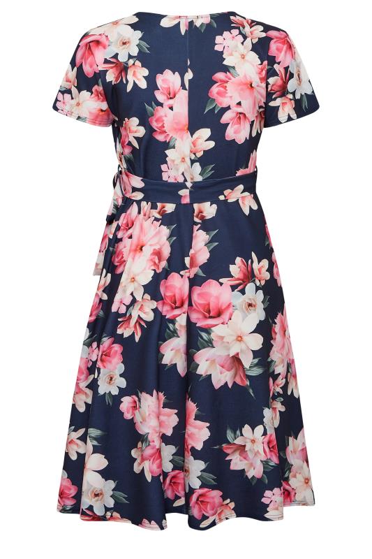 YOURS LONDON Curve Plus Size Navy Blue & Pink Floral Skater Wrap Dress | Yours Clothing 7