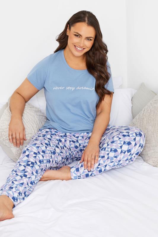 YOURS Plus Size Blue Geometric Print Cuffed Pyjama Set | Yours Clothing 2