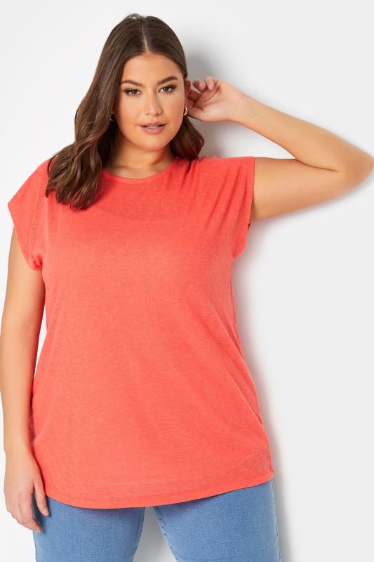 YOURS Curve Plus Size Coral Orange Linen Look T-Shirt | Yours Clothing 1
