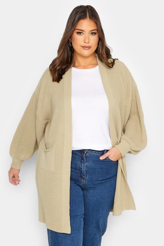 Curve Plus Size YOURS Curve Brown Beige Longline Knitted Cardigan | Yours Clothing  1