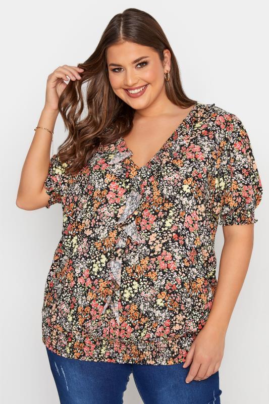 Plus Size  YOURS LONDON Curve Black Floral Shirred Frill Top