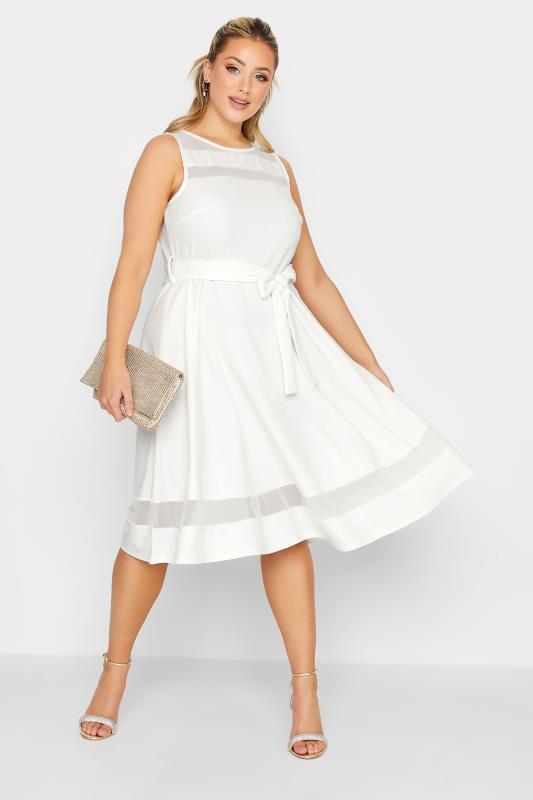 YOURS LONDON Plus Size White Mesh Panel Skater Dress | Yours Clothing 2