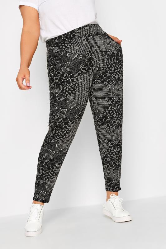  Grande Taille YOURS Curve Black Mixed Print Double Pleat Harem Trousers