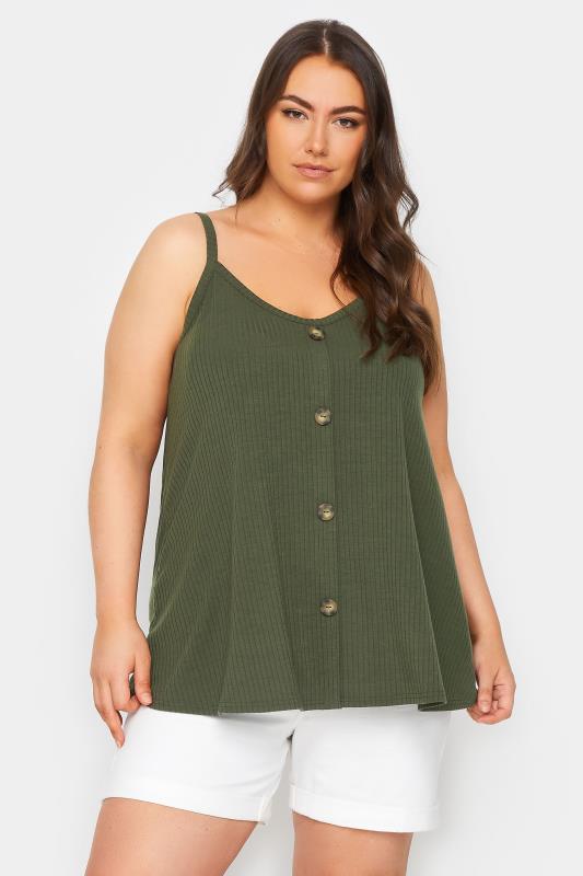 Plus Size  YOURS Curve Khaki Green Ribbed Button Front Cami Top