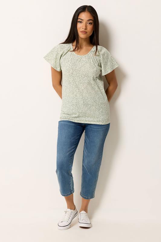 M&Co Petite Sage Green Floral Cotton Scoop Neck Top | M&Co 1