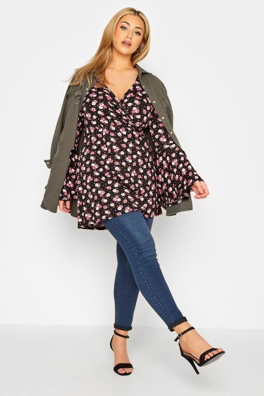 LIMITED COLLECTION Plus Size Black Floral Print Flare Sleeve Wrap Top | Yours Clothing 2