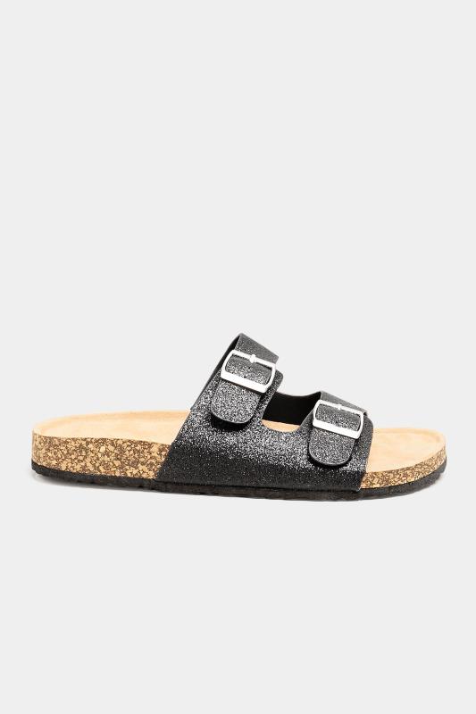 Black Glitter Buckle Strap Footbed Sandals In Extra Wide EEE Fit 3