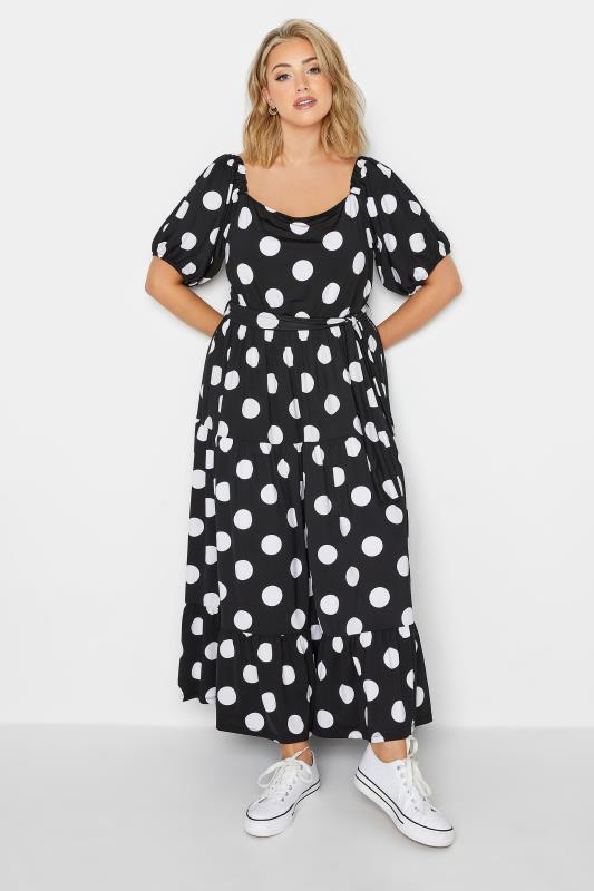 YOURS Plus Size Black Polka Dot Print Tiered Maxi Dress | Yours