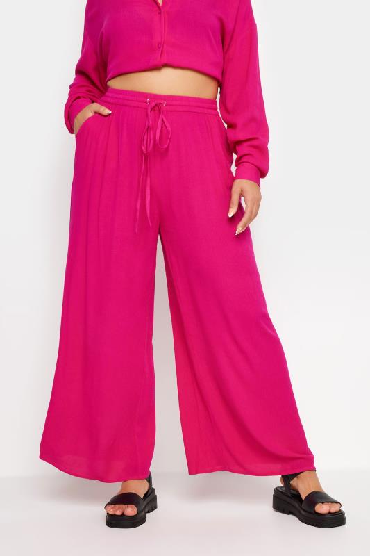  YOURS Curve Pink Magenta Crinkle Drawstring Trousers