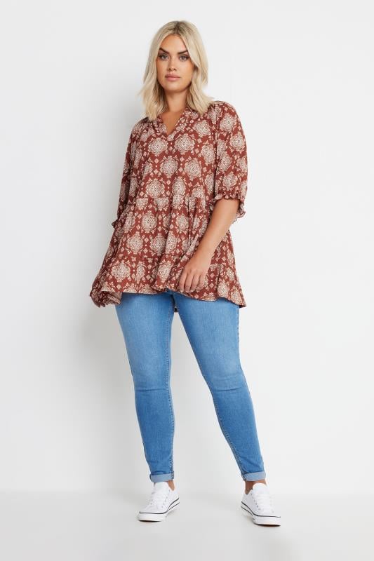 YOURS Plus Size Rust Orange Tile Print Top | Yours Clothing 2