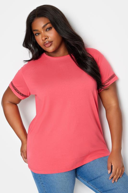 LIMITED COLLECTION Plus Size Coral Pink Crochet Trim Short Sleeve T-Shirt | Yours Clothing 1