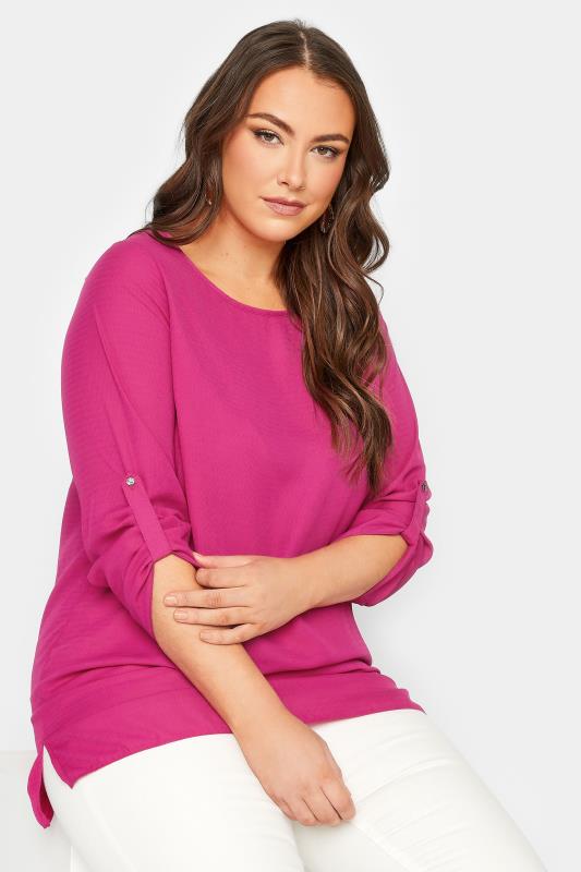 Plus Size  YOURS Curve Dark Pink Tab Sleeve Blouse