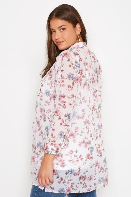 Plus Size White & Pink Floral Button Through Shirt | Yours Clothing 3
