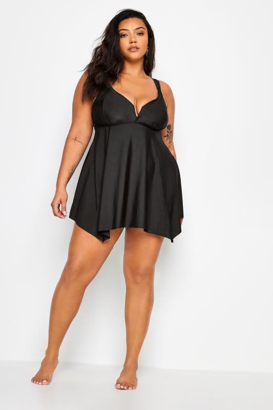 YOURS Plus Size Black Knotted Strap Hanky Hem Swim Dress | Yours Clothing 2