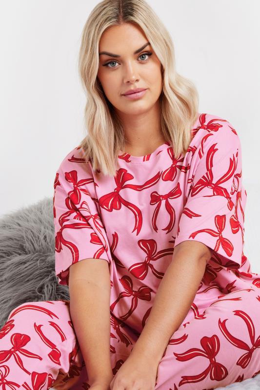 YOURS Plus Size Pink Bow Print Tapered Pyjama Set | Yours Clothing 4