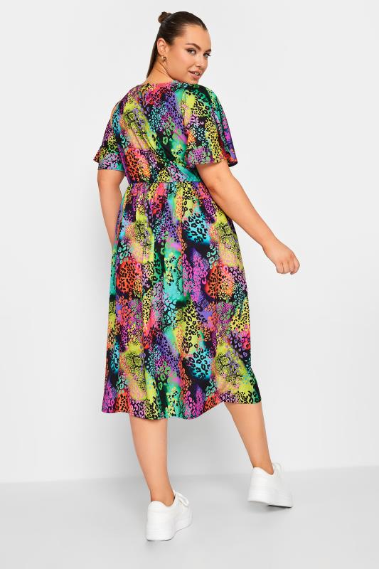 YOURS Curve Plus Size Black Rainbow Leopard Print Midi Dress | Yours Clothing  3