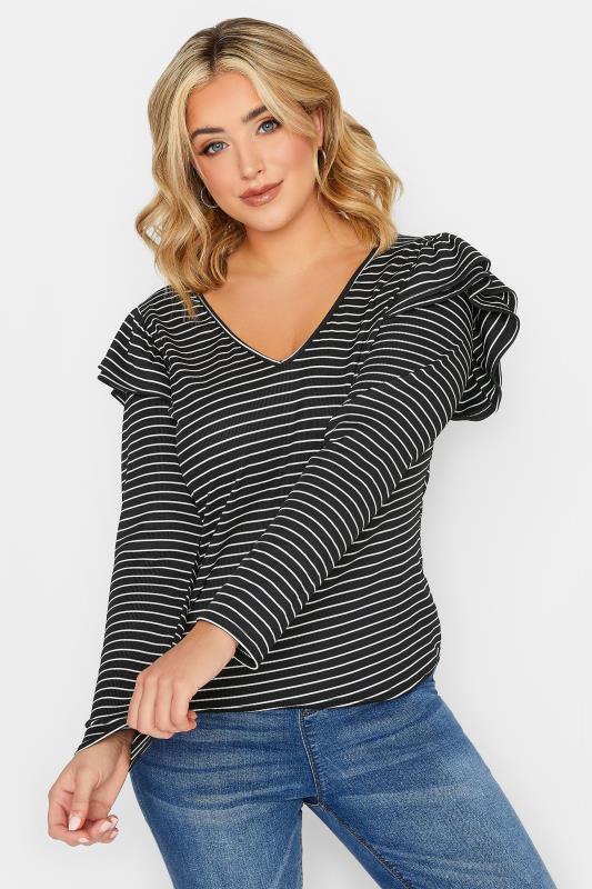 YOURS PETITE Plus Size Curve Black Stripe Frill Shoulder Top | Yours Clothing  4