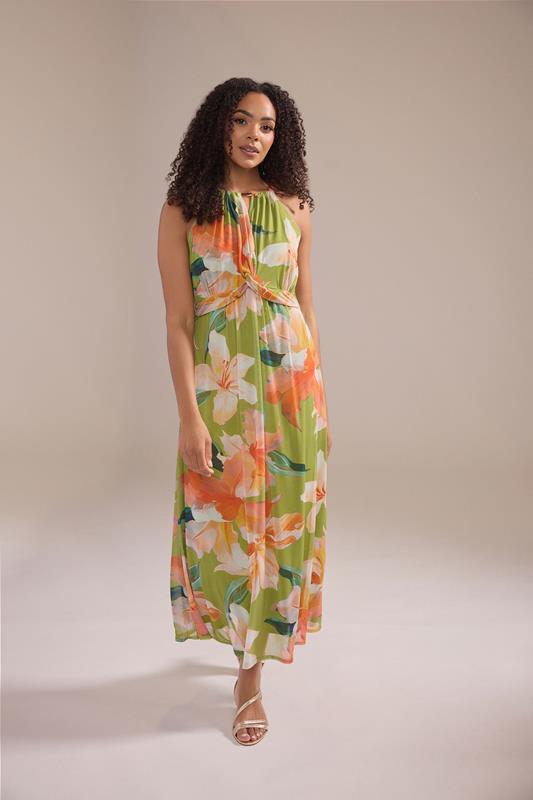  M&Co vestido maxi halter de malla con nudo frontal y estampado floral verde