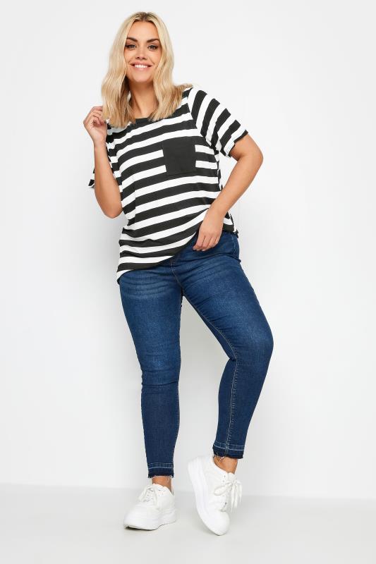 YOURS Curve Plus Size Black Stripe Contrast Collar Stripe T-Shirt | Yours Clothing  2