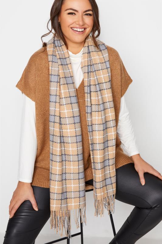 Beige Brown Check Print Tassel Scarf | Yours Clothing 1