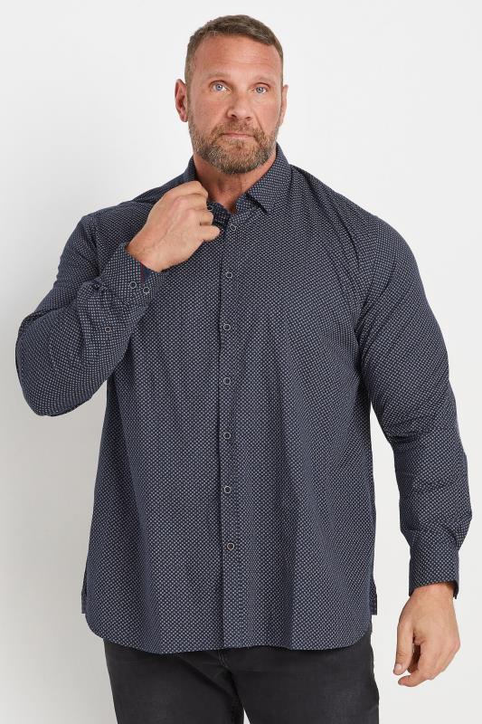 D555 Big & Tall Navy Blue Micro Spot Print Button Shirt | BadRhino 1