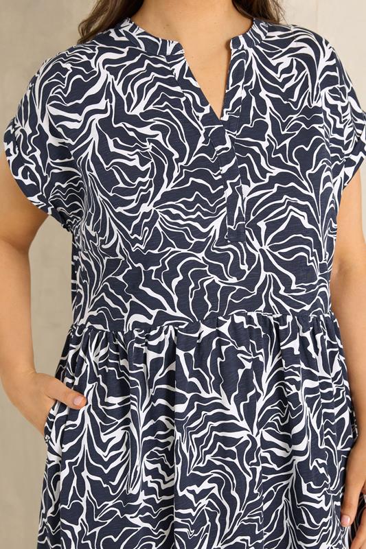 EVANS Plus Size Navy Blue Abstract Print Notch Neck Cotton Midi Dress | Evans 4