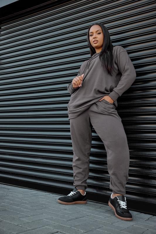 YOURS Plus Size Charcoal Grey Ribbed Hoodie | Yours Clothing  1