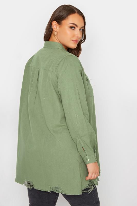Curve Khaki Green Distressed Denim Shirt 3