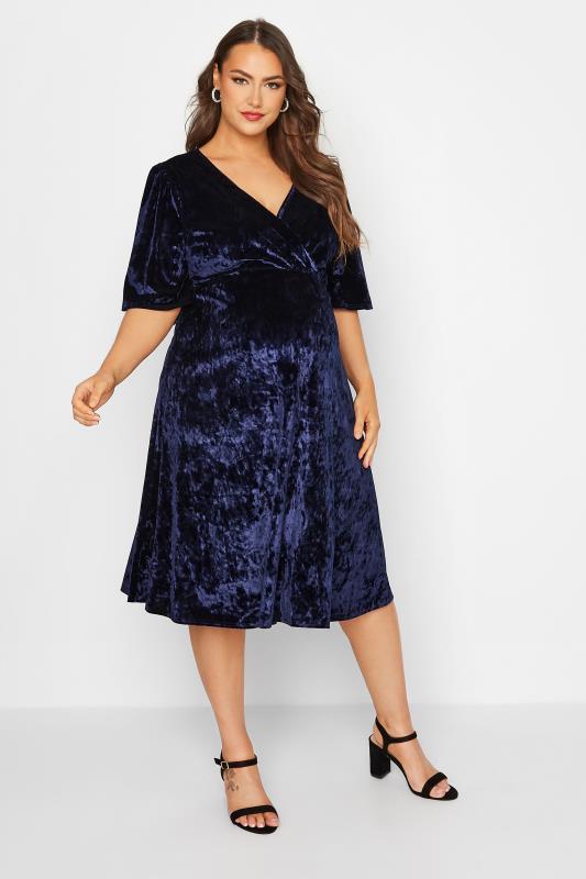 BUMP IT UP MATERNITY Plus Size Navy Blue Velvet Midi Wrap Dress | Yours Clothing 1