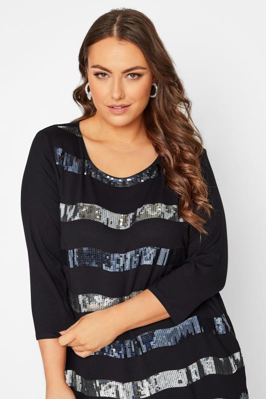 Plus Size Black Sequin Stripe Top | Yours Clothing 4