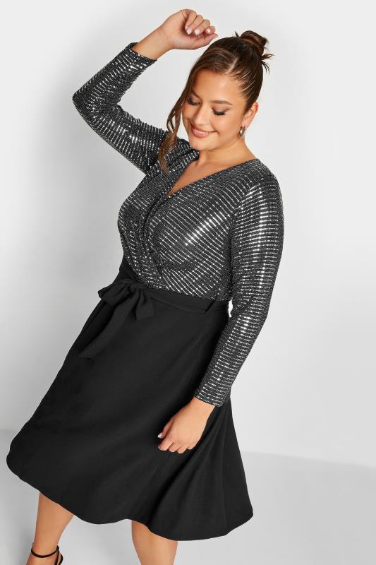 YOURS LONDON Curve Black & Silver Sequin Wrap Skater Dress | Yours Clothing 4