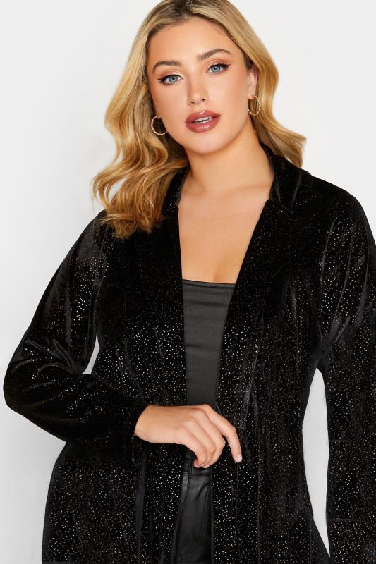 YOURS LUXURY Plus Size Black Glitter Velvet Blazer | Yours Clothing 1
