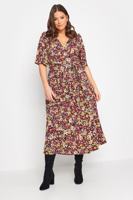 YOURS Plus Size Burgandy Red Floral Print Midaxi Wrap Dress | Yours Clothing 1